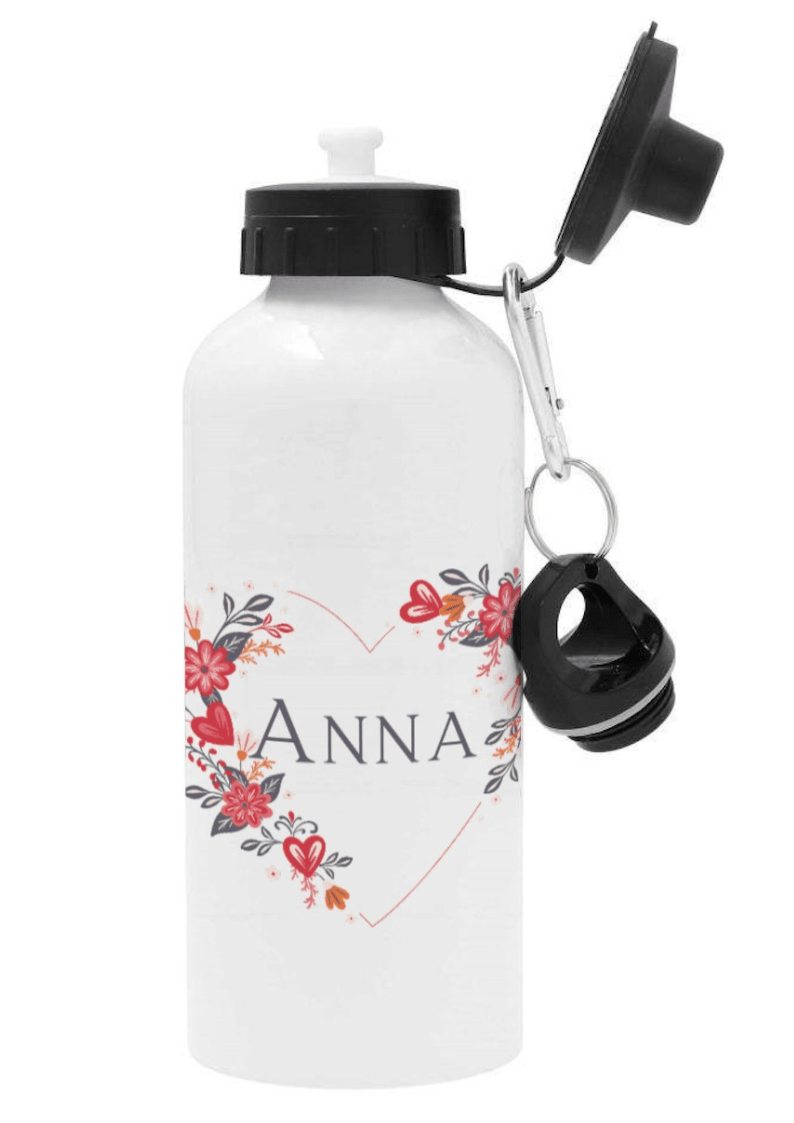 Personlig vattenflaska med namn - Blommig hjärta - DalaStil