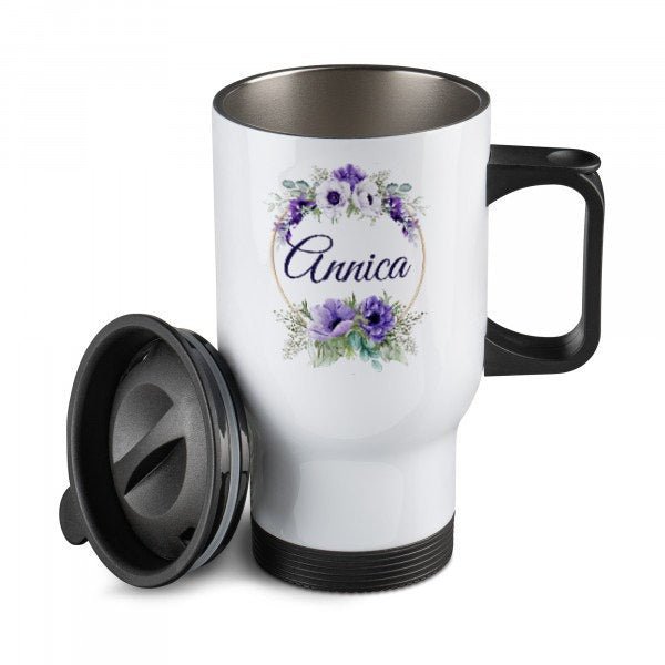 Lila blommor - Resemugg med namn - Termos med namn