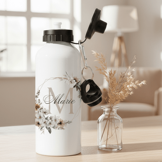 VattenflaskorBlomsterkrans med initial - Personlig vattenflaska med namn