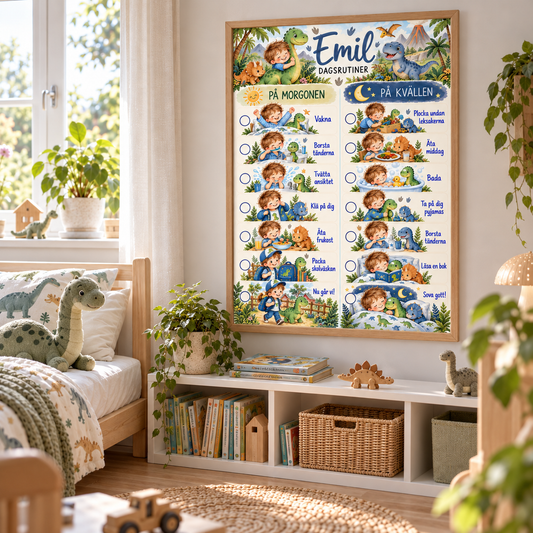 Bildschema för barn med namn i ett barnrum – motiv dinosaurier