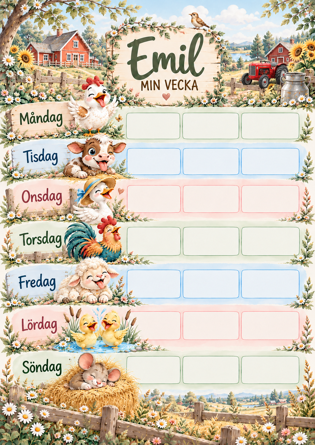 Veckoschema för barn med namn – motiv bondgård