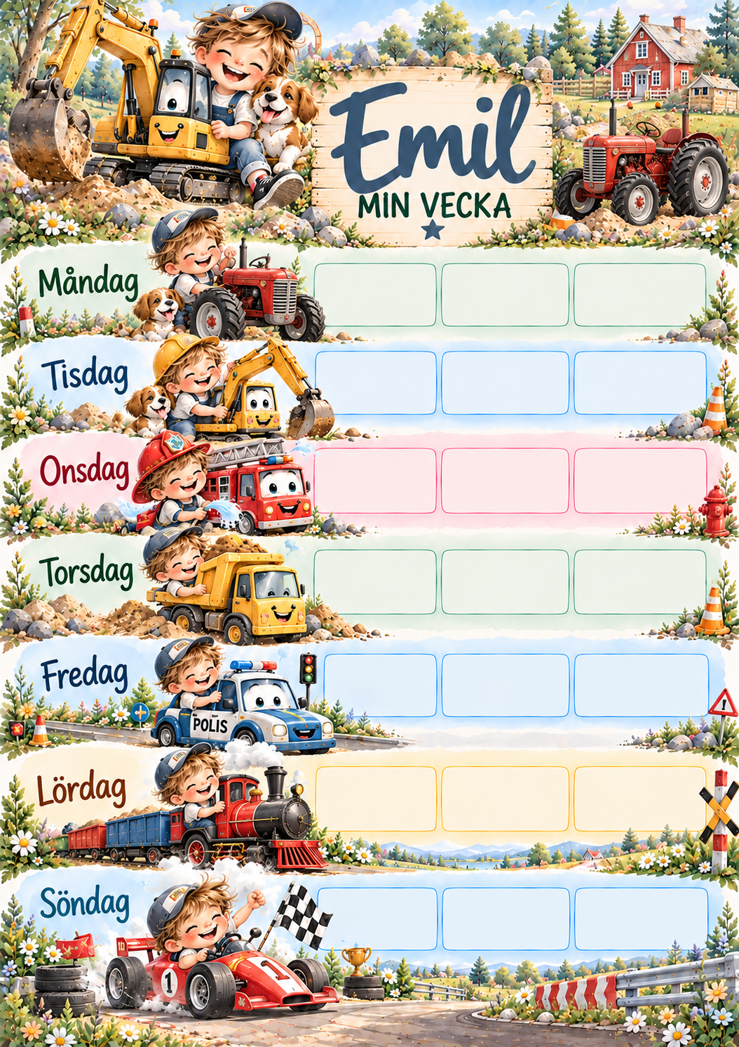 Kids' weekly planner with name – vehicles motif