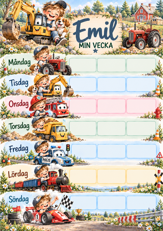 Veckoschema för barn med namn – motiv fordon