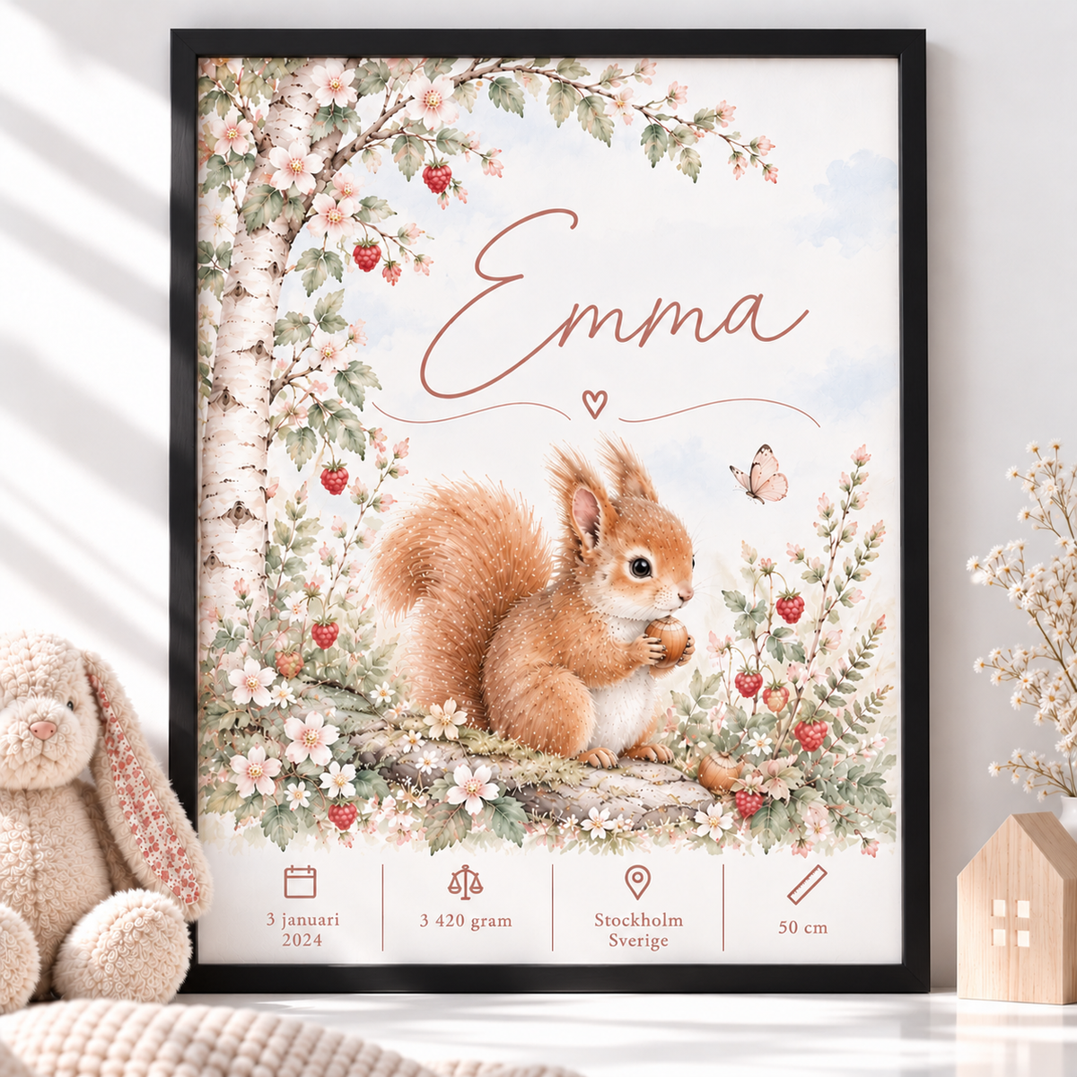 Födelsetavla med ekorre i svart ram