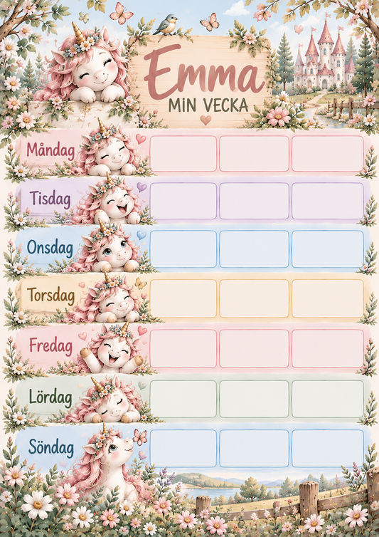 Veckoschema för barn med namn – motiv enhörning