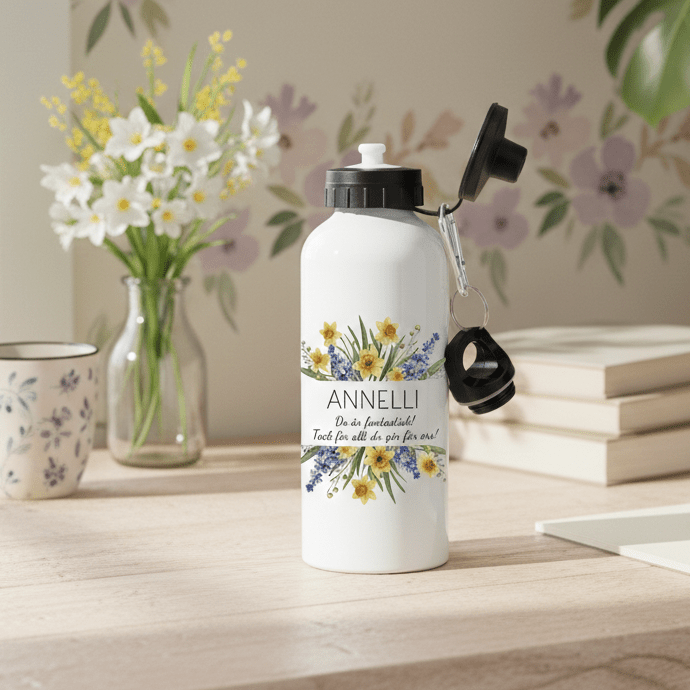 VattenflaskorGula och blå blommor - Personlig vattenflaska med namn
