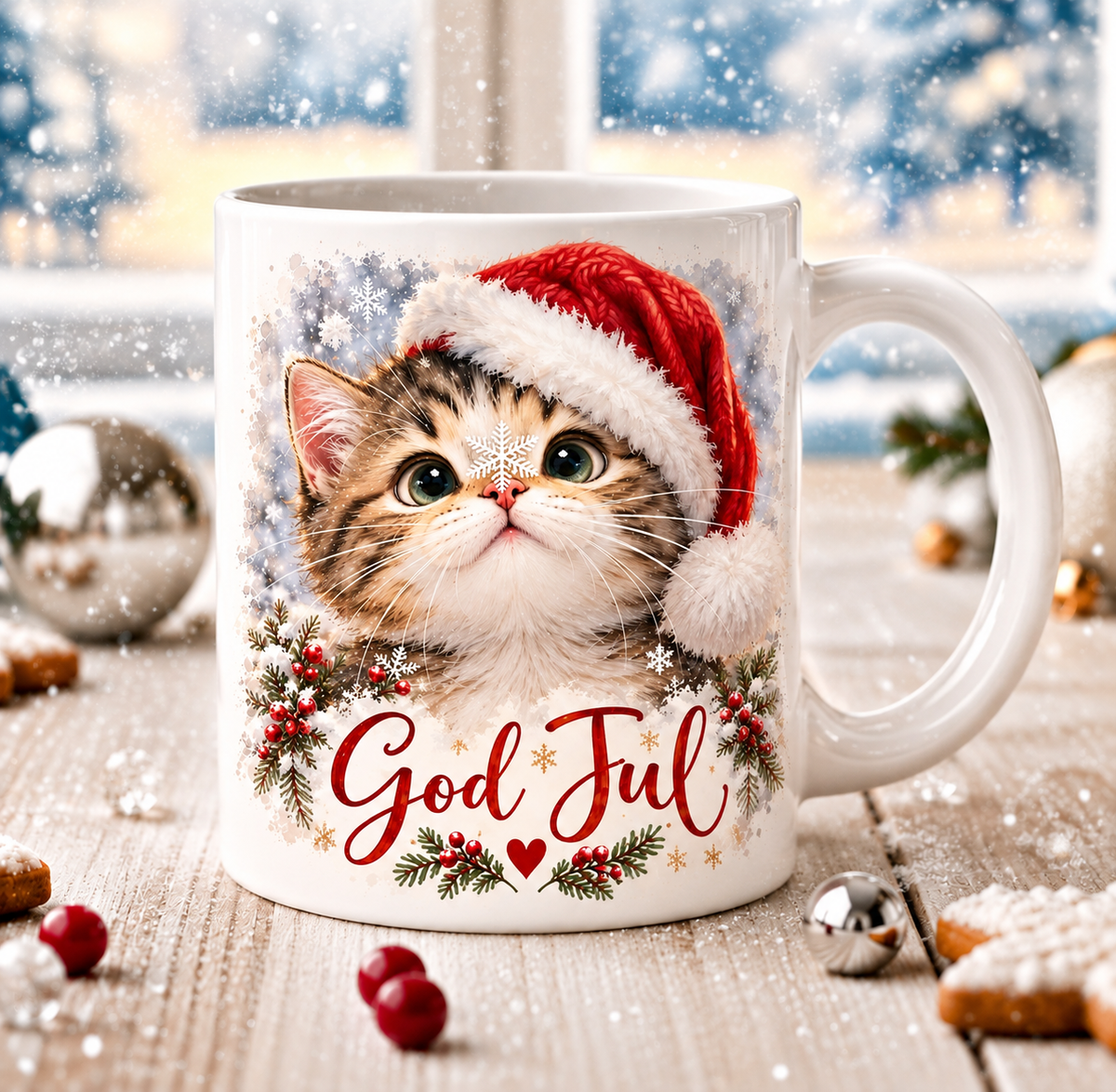 Vit julmugg med kattunge i röd tomteluva, snöflingor, grankvistar och texten God Jul – DalaStil