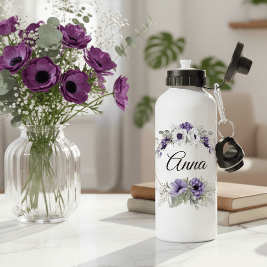 VattenflaskorLila blommor - Personlig vattenflaska med namn