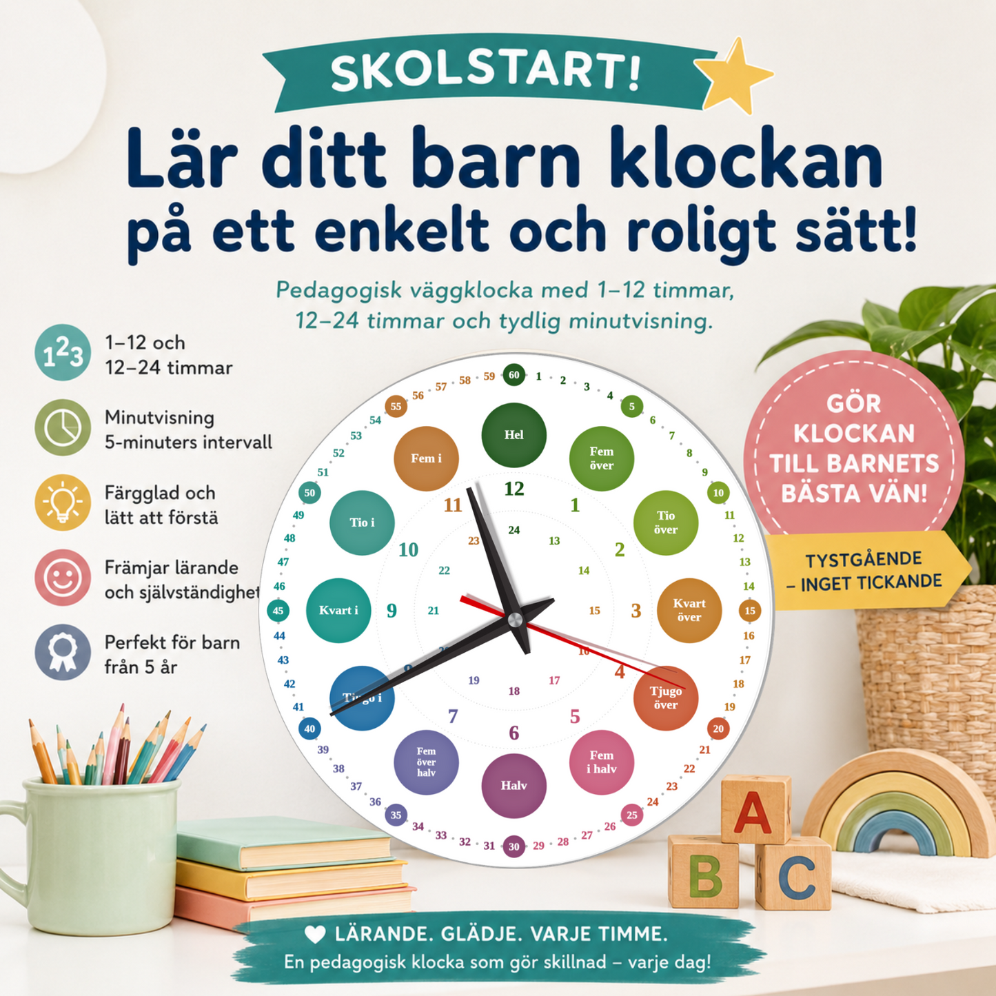 Väggklocka för barnrum med klocklärande – tystgående – DalaStil