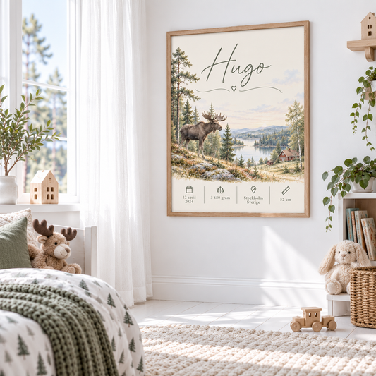 Födelsetavla med dalahäst på väggen i ett skandinaviskt barnrum