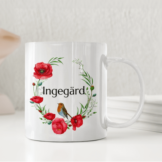 Personliga muggarVallmo och liten fågel – Personlig mugg