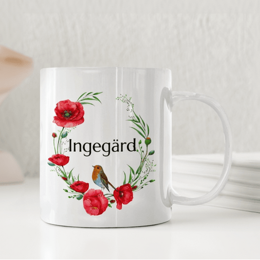 Personliga muggarVallmo och liten fågel – Personlig mugg