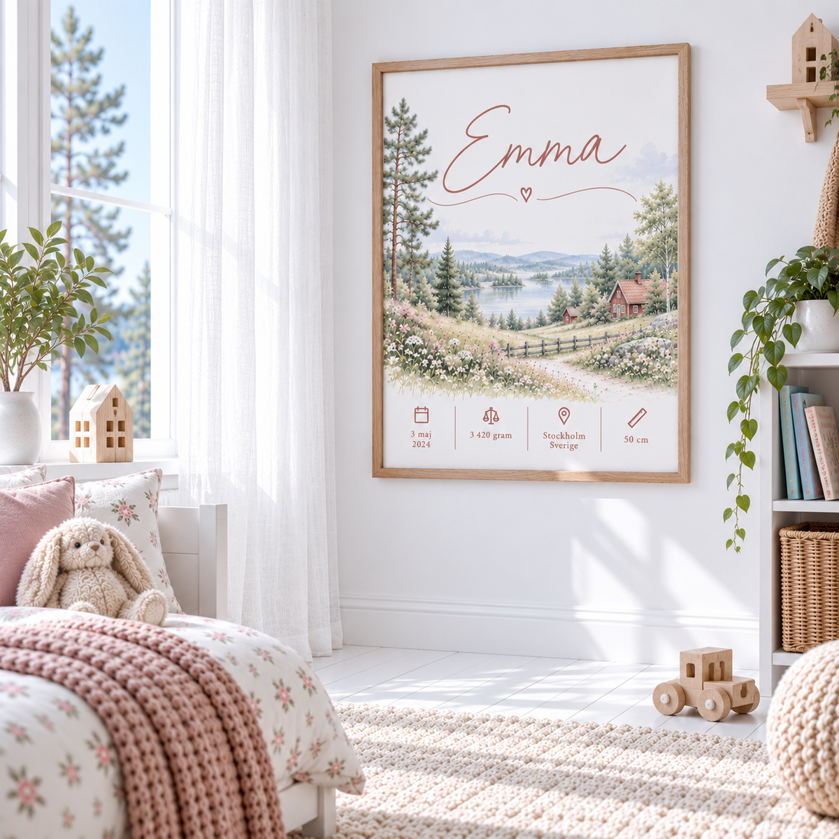 Födelsetavla med sommaräng på väggen i ett ljust skandinaviskt barnrum