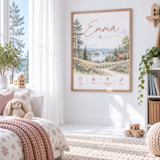 Födelsetavla med sommaräng på väggen i ett ljust skandinaviskt barnrum