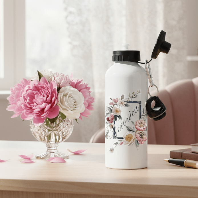 VattenflaskorVintage blommor med ram - Personlig vattenflaska med namn