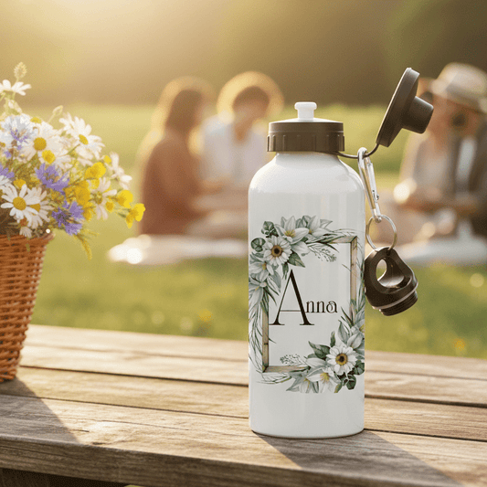 VattenflaskorVita blommor med guldram - Personlig vattenflaska med namn