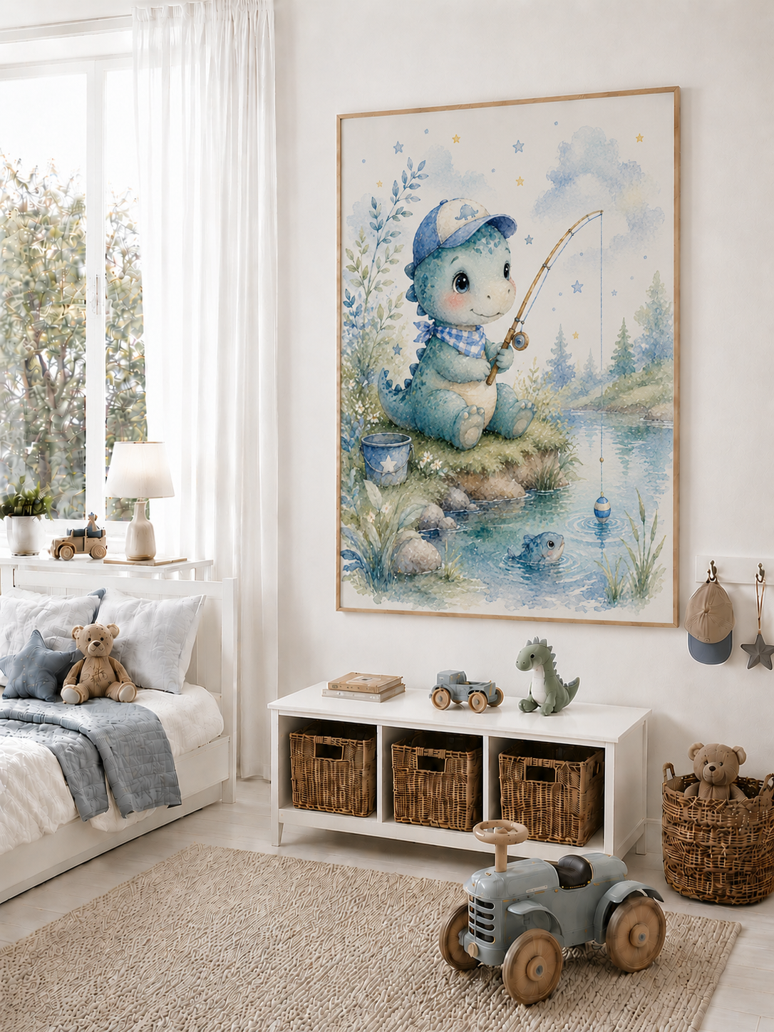 Fiskande dinosaurie barnposter – akvarell barntavla till pojkrummet – DalaStil