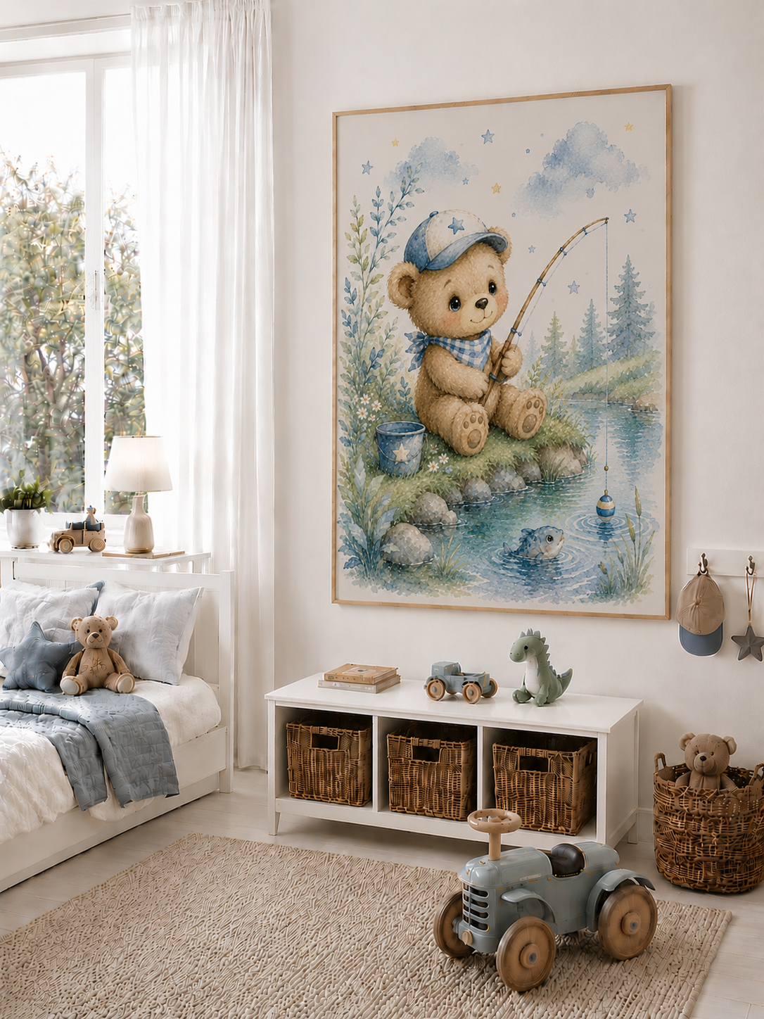 Fiskande nalle barnposter – akvarell barntavla till pojkrummet – DalaStil