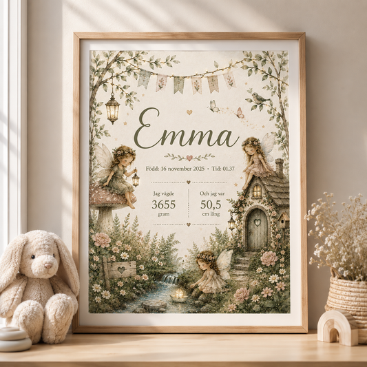 Personlig födelsetavla, doptavla för flicka med blomsterälvamotiv