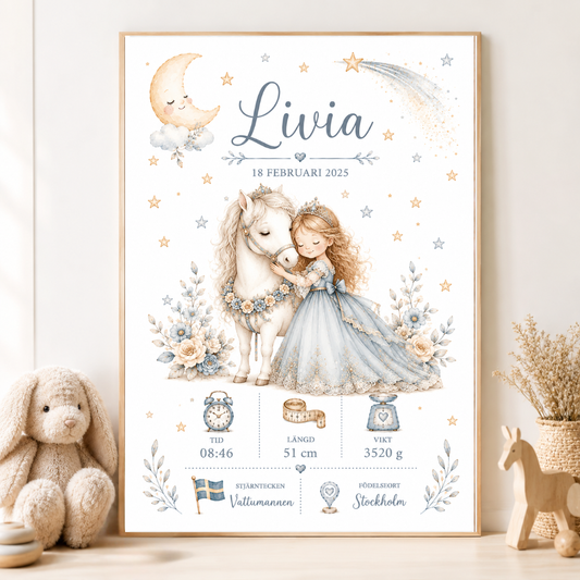 Personlig födelsetavla prinsessa och ponny – flicka – barnrum styled – DalaStil
