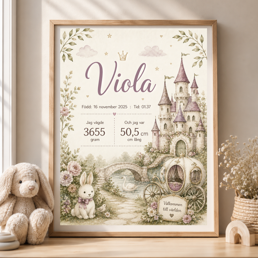 Personlig födelsetavla, doptavla för flicka med prinsessmotiv – sagoslott och hästvagn