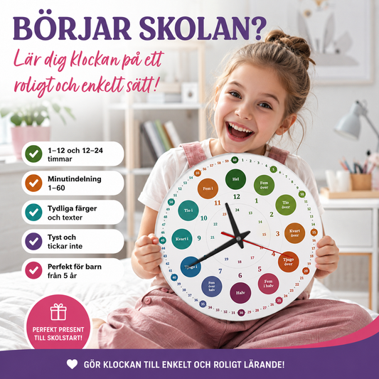 Väggklocka för barnrum med klocklärande – tystgående – DalaStil