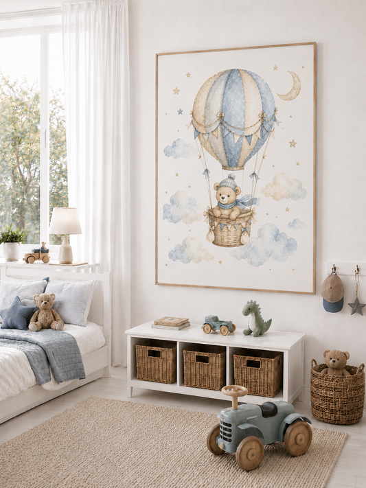 Personalisierte Kinderbilder mit Teddybär und Luftballons – 3er-Set oder einzeln erhältlich