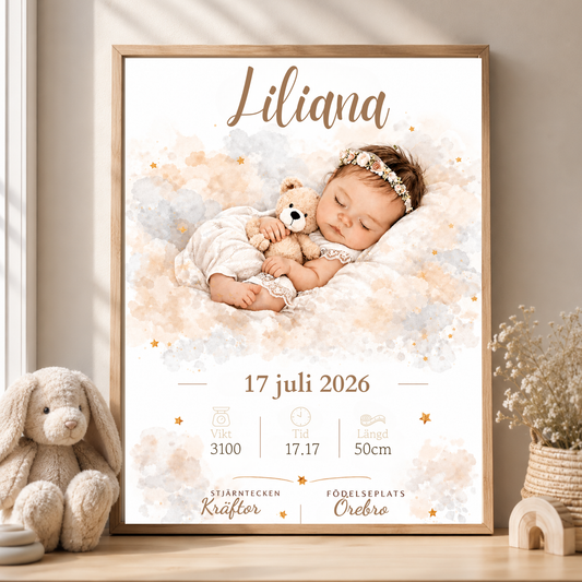 Personlig födelsetavla – Baby – Doptavla med nalle och babydetaljer – DalaStil