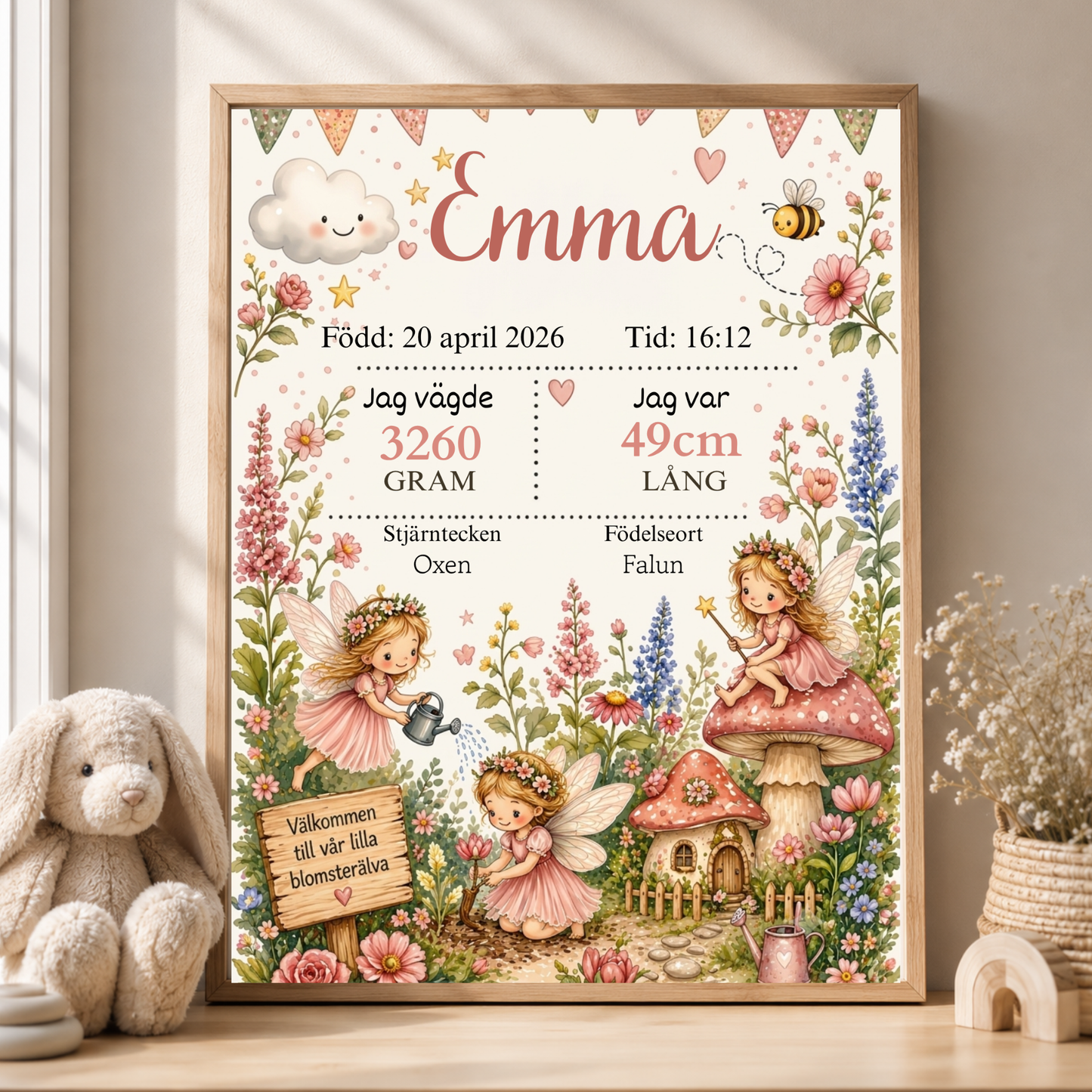 Personlig födelsetavla – Blomsterälva – Doptavla med blomsterälvor och blommor – DalaStil