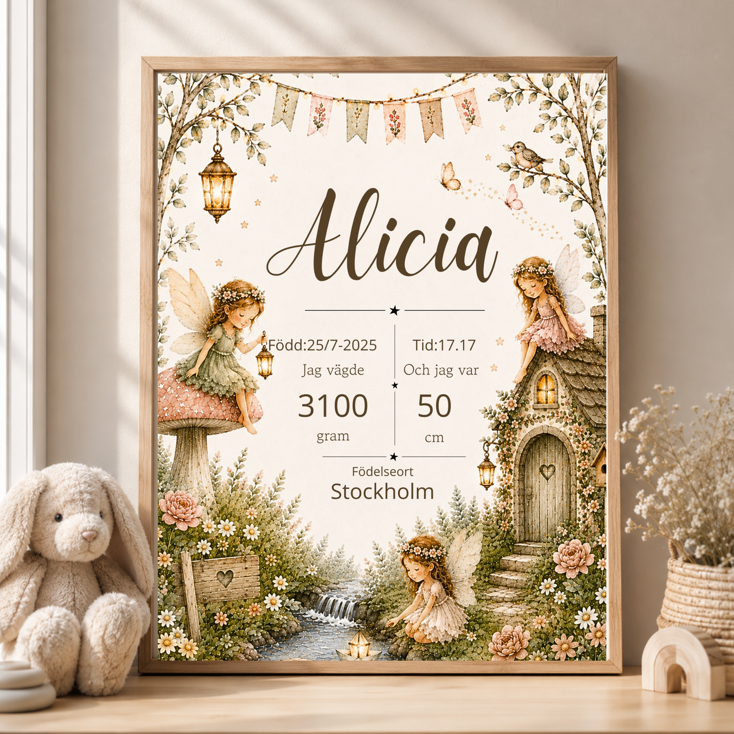Personlig födelsetavla – Blomsterälva – Doptavla för flicka – DalaStil