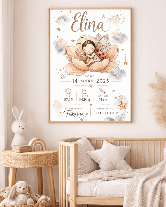 FödelsetavlaPersonlig födelsetavla för flicka – Nyckelpiga