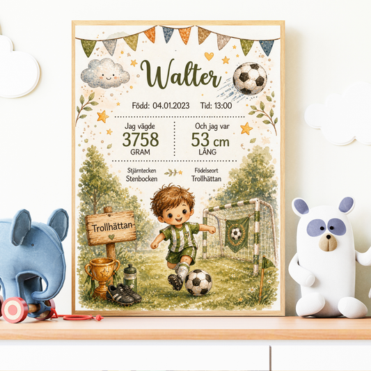 Personlig födelsetavla, doptavla för pojke med fotbollsmotiv