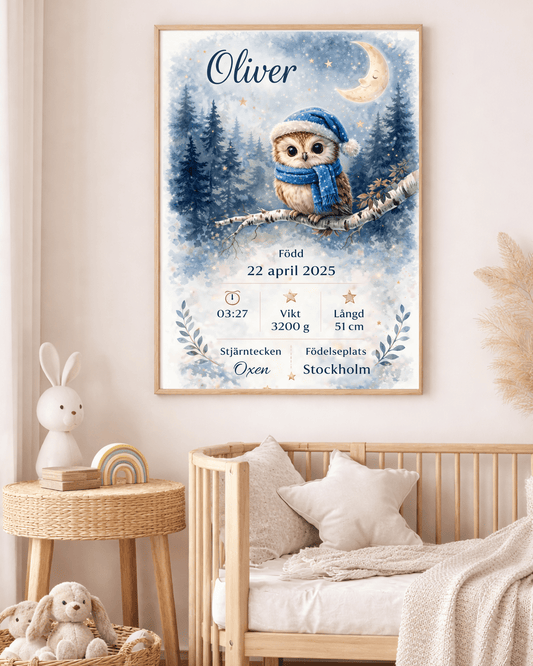 FödelsetavlaPersonlig Bebistavla för Nyfödda - Uggla