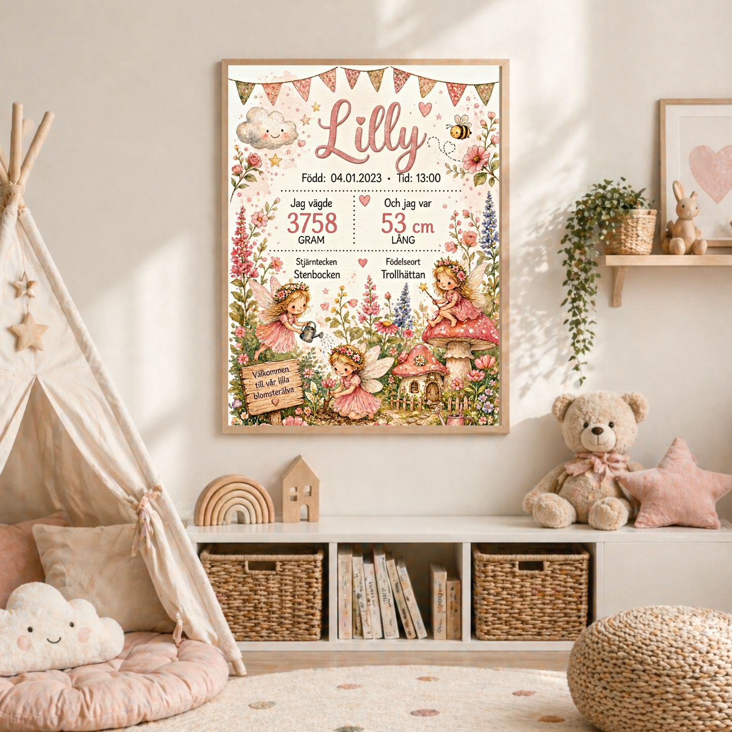 Personlig födelsetavla, doptavla för flicka med blomsterälvamotiv