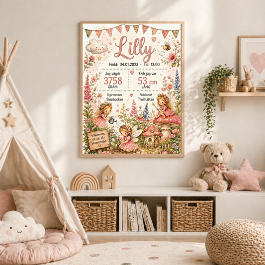 Personlig födelsetavla, doptavla för flicka med blomsterälvamotiv