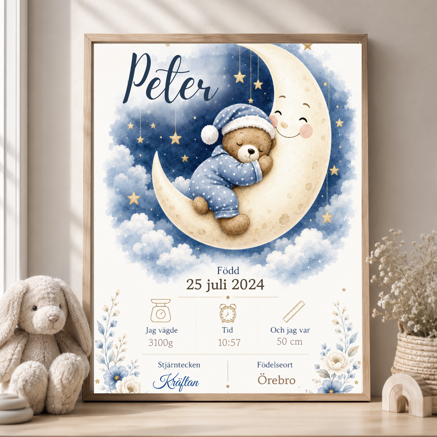 Personlig födelsetavla – Godnatt Nalle – Doptavla med sovande nalle – DalaStil