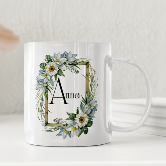 Personliga muggarNamnmugg med Blomsterram - Personlig mugg
