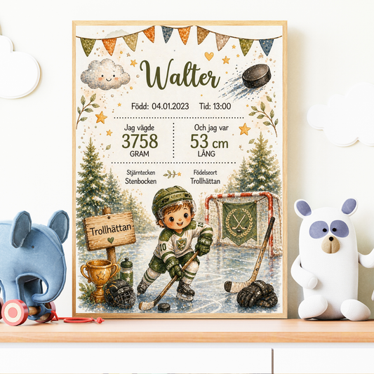 Personlig födelsetavla, doptavla för pojke med hockeymotiv