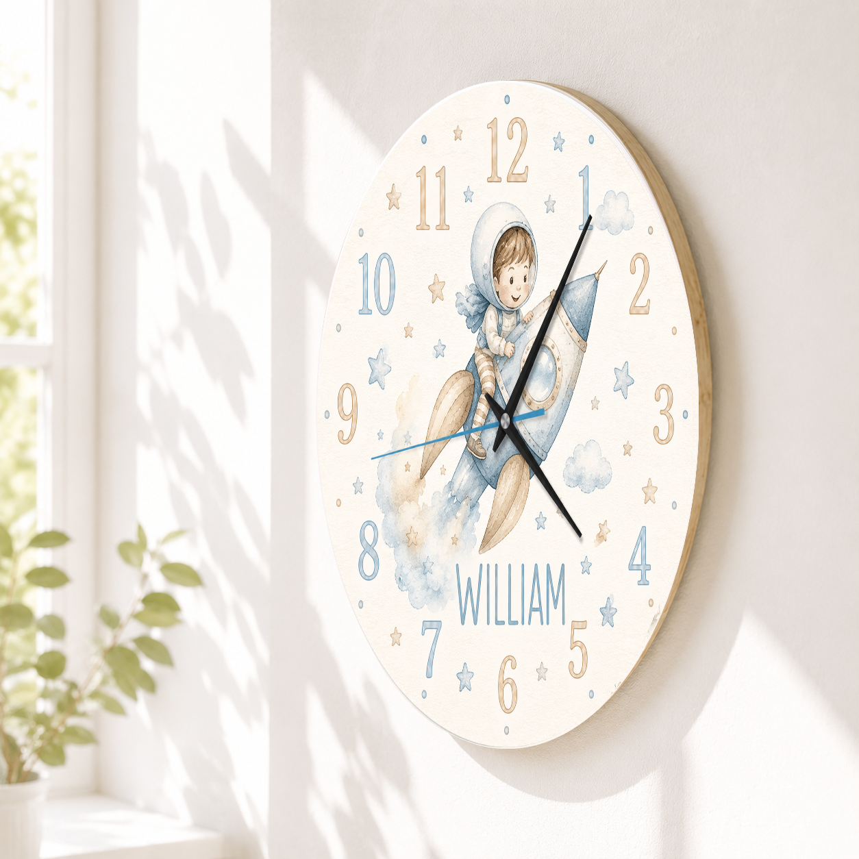 Silent wall clock for children with space rocket? Personalized children's clock for children's room