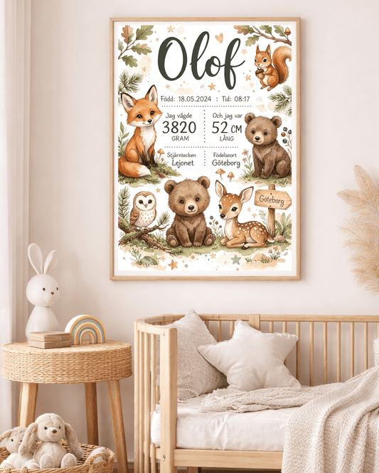 VäggdekorationPersonlig Födelsetavla - Skogsdjur