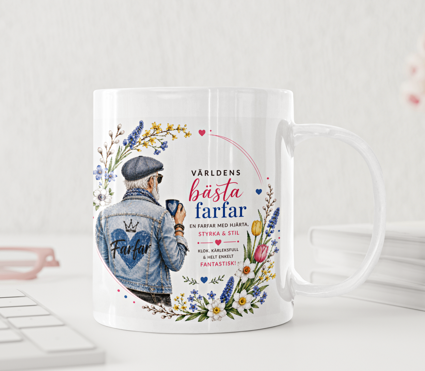 Personlig mugg - Världens bästa farfar, denim jacka och vårblommor