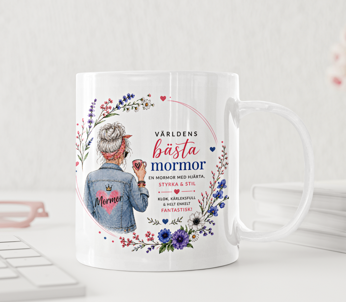 Personlig mugg - Världens bästa mormor, denim jacka och vårblommor
