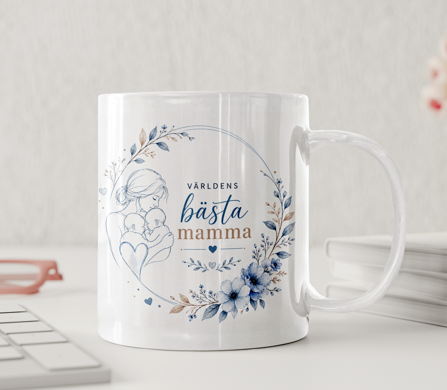 Personlig mugg - Världens bästa tvillingmamma, line art, blå blommor