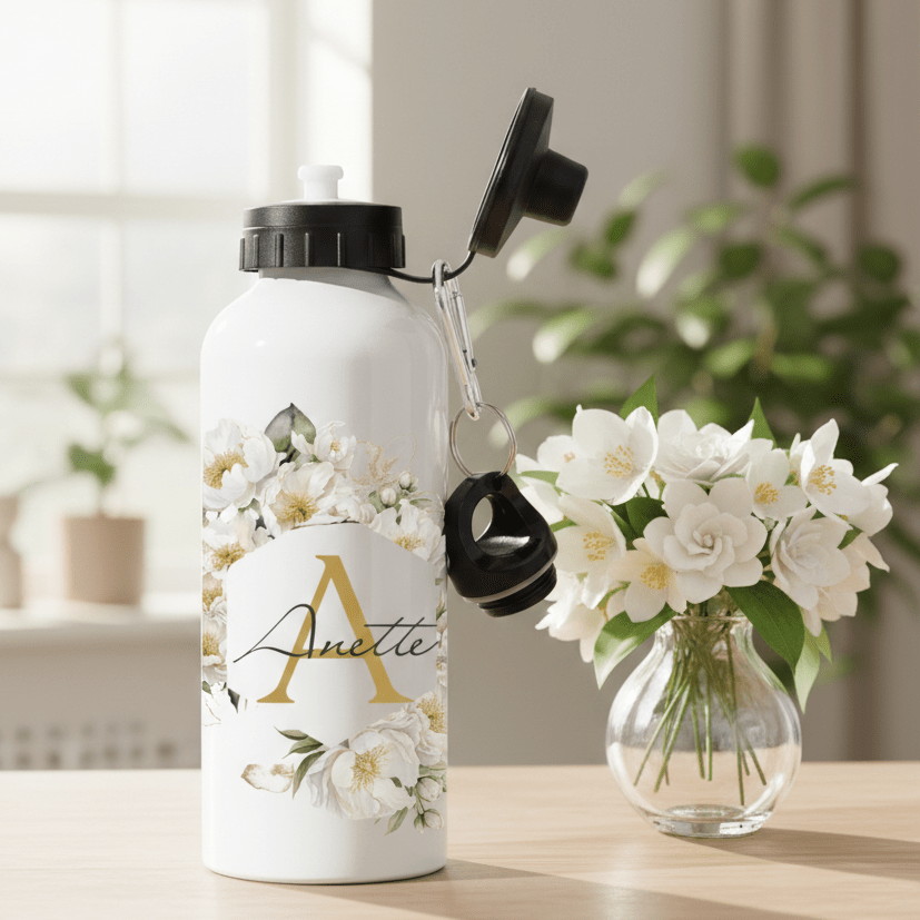 VattenflaskorVita blommor med guldinitial - Personlig vattenflaska med namn
