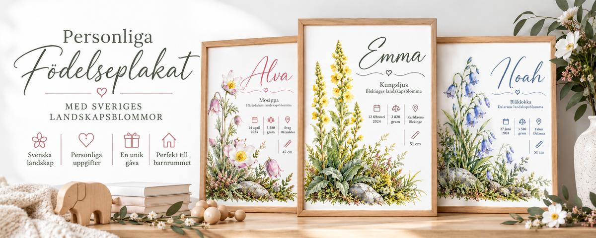 Födelsetavla med landskapsblomma – Sveriges 25 landskapsblommor
