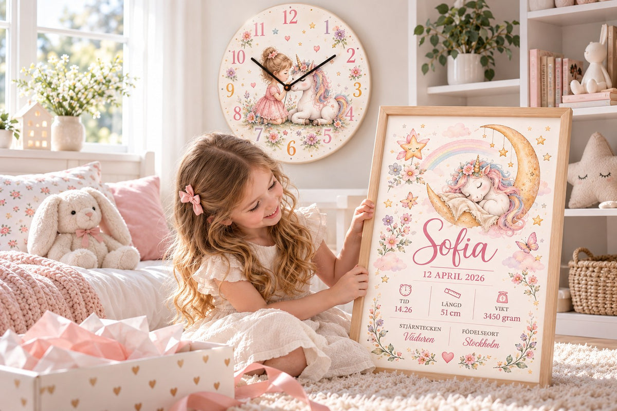 Personlig födelsetavla för flicka med enhörning och namn