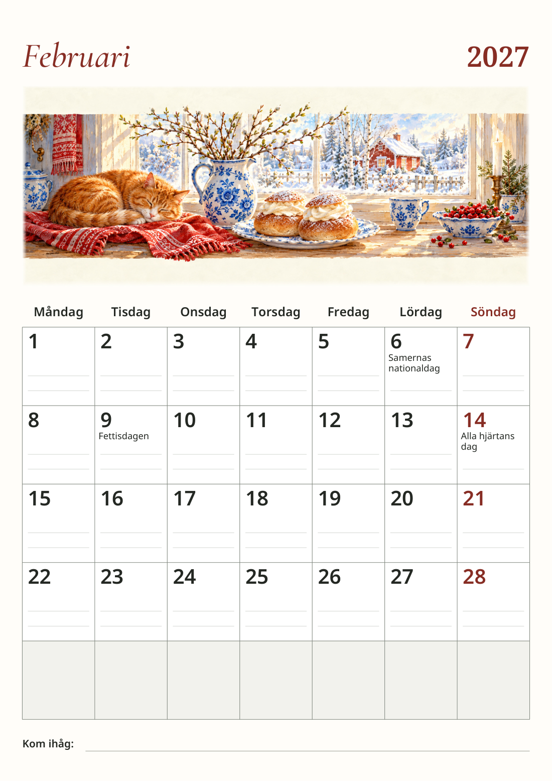 Skandinavisk väggkalender 2027 med unika illustrationer A3 DalaStil