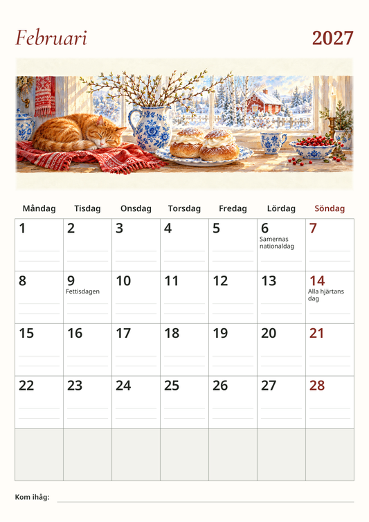 Skandinavisk väggkalender 2027 med unika illustrationer A3 DalaStil