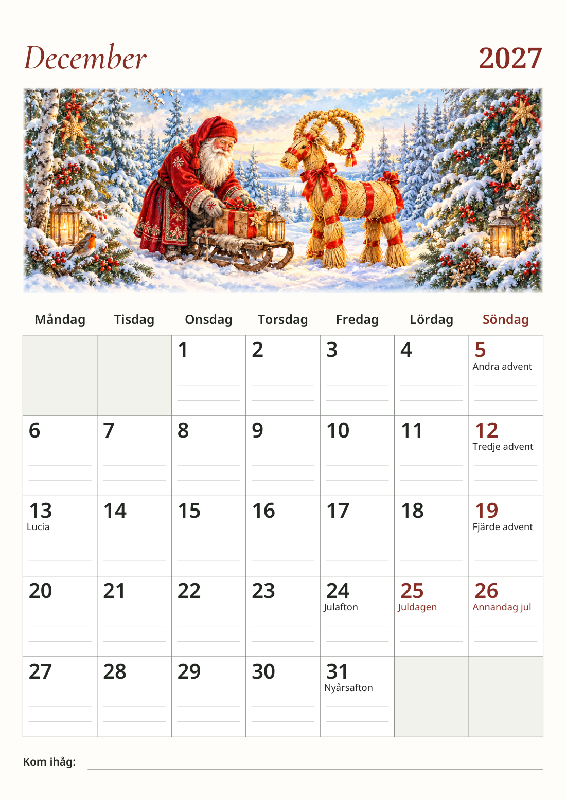 Skandinavisk väggkalender 2027 med unika illustrationer A3 DalaStil