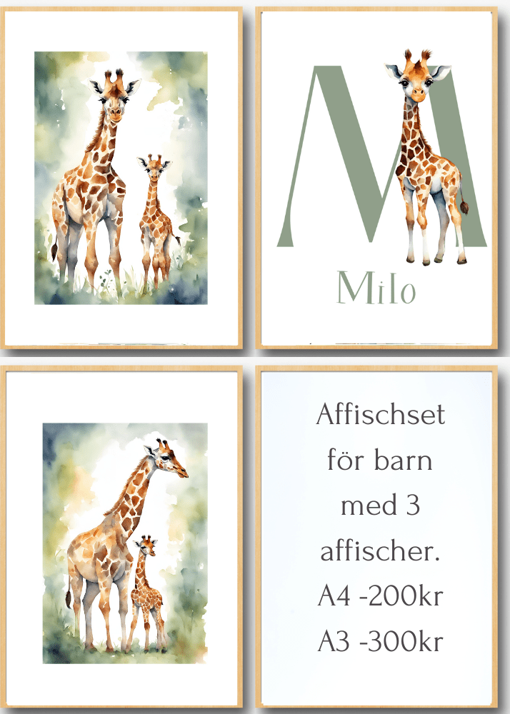 Personliga barntavlor - Posters till barnrummet - Giraff Set om 3